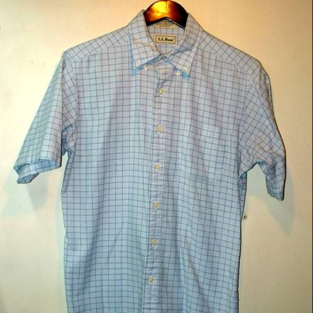 LL Bean  Plaid   blue  short sleeve shirt  med 15 1/2 33 60 % cotton